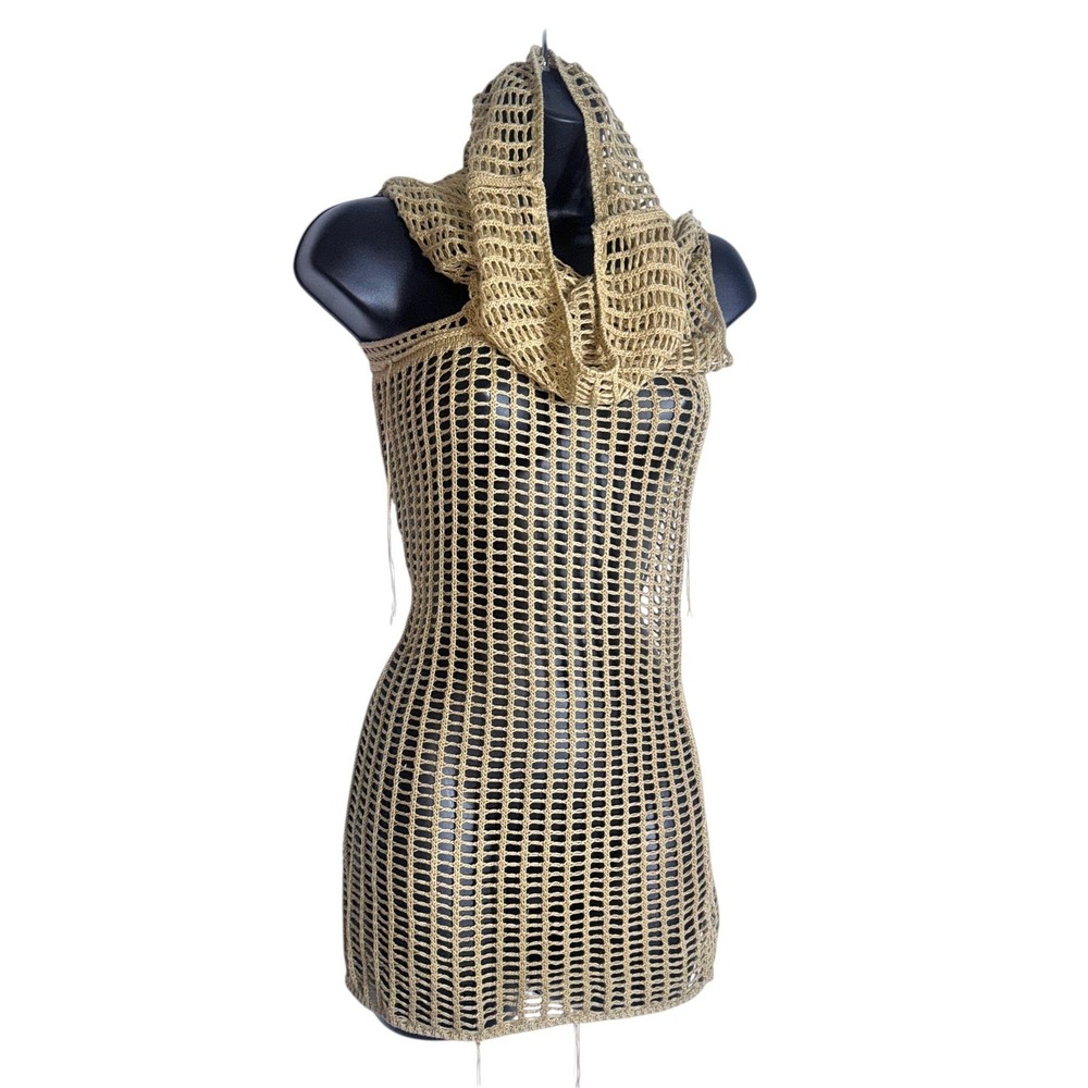 New Small Tan Open Knit Hooded Crochet Blouse Top Mesh Beach Rave Festival